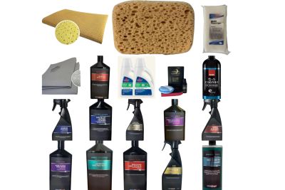 Car cleaning supplies including sprays, sponges, and wipes.