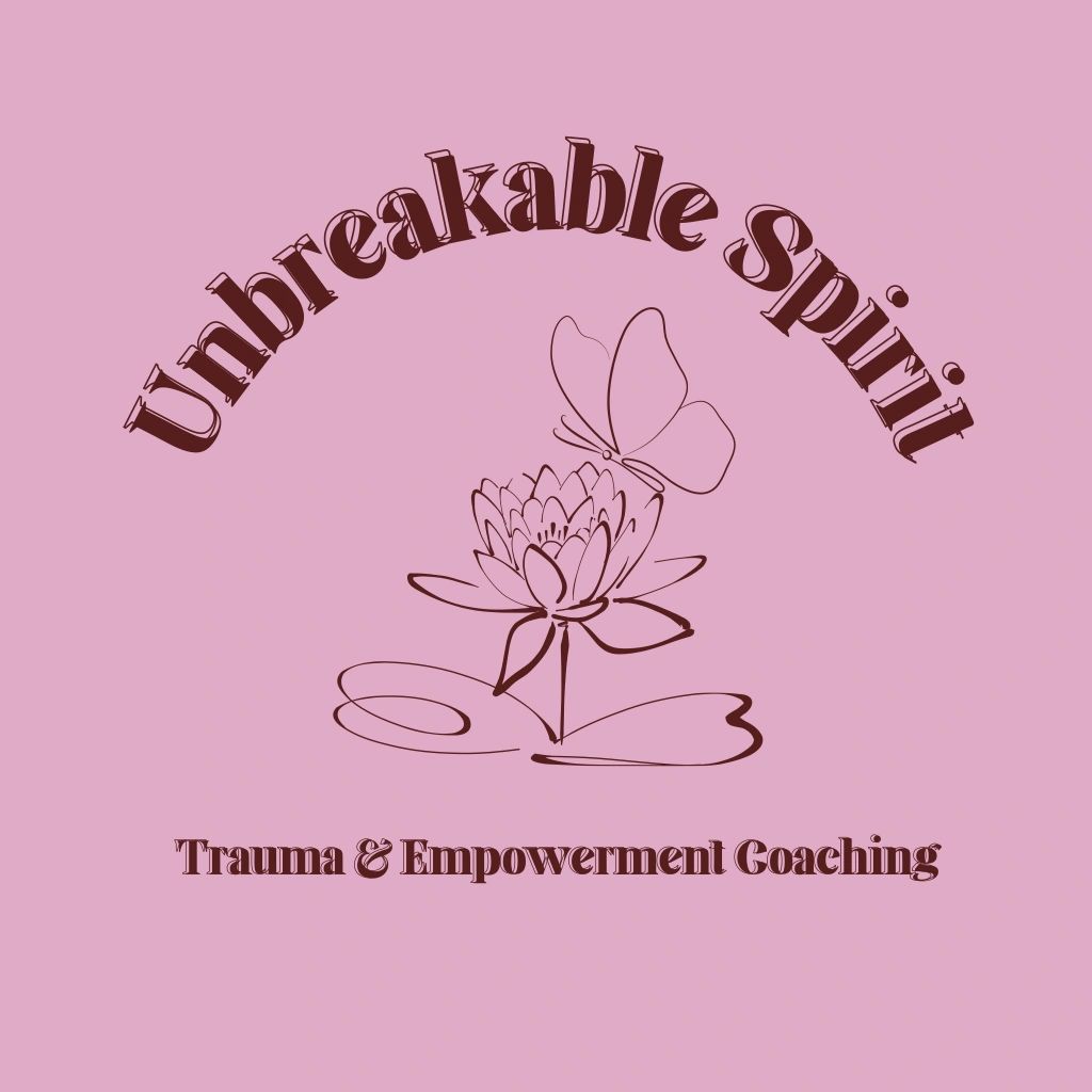 Logo with 'Unbreakable Spirit' and butterfly on flower for trauma coaching.