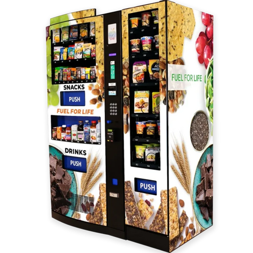 Modern vending machine offering snacks and drinks with "Fuel for Life" branding.