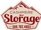 Vintage-style logo for Cashmere Mini Storage with mountain graphics and phone number.