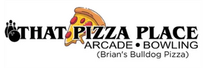 Logo for That Pizza Place with bowling and arcade themes.