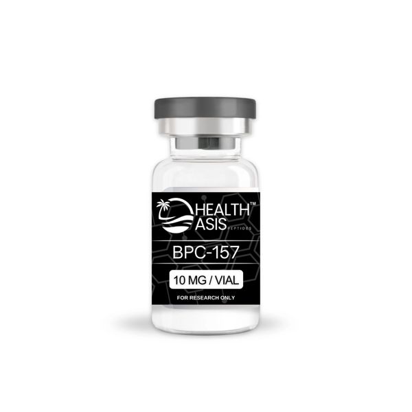A vial of Health Asis BPC-157 peptide labeled for research use.