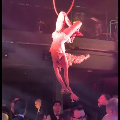 Aerial performer hanging upside down on a hoop at an event.