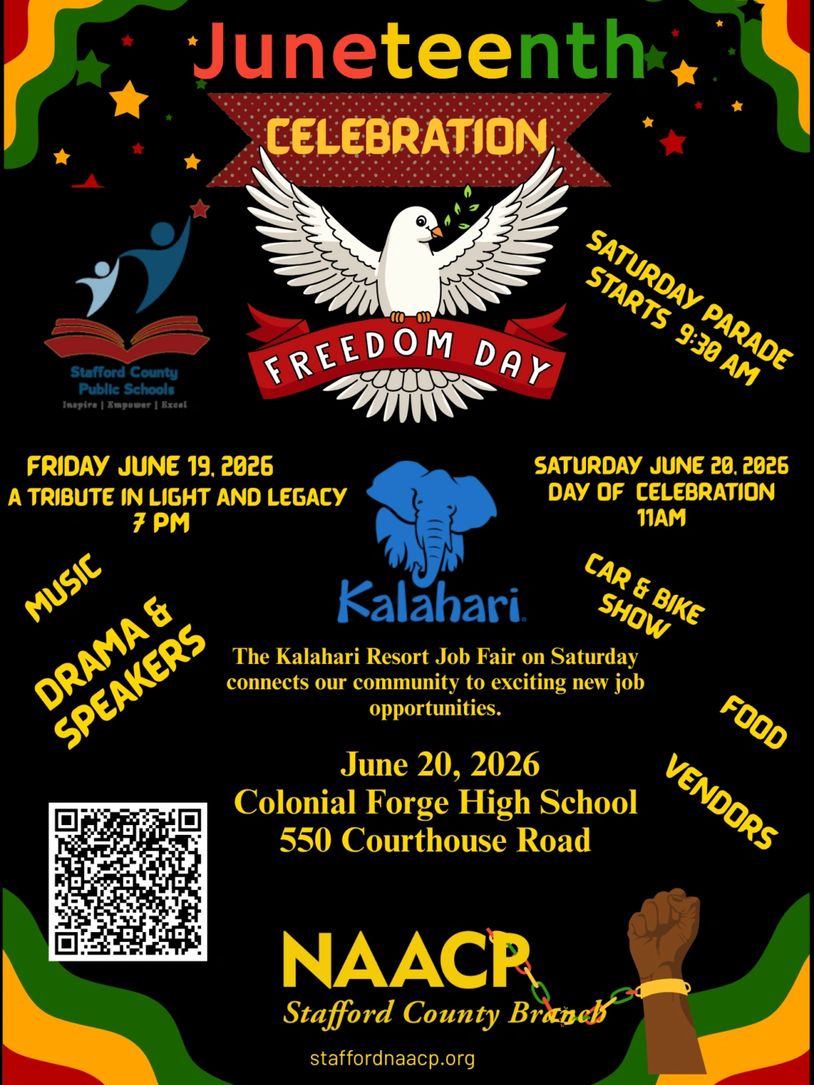 Juneteenth Celebration with parade, job fair, music, food, and vendors on June 19-20, 2026 at Colonial Forge High School.
