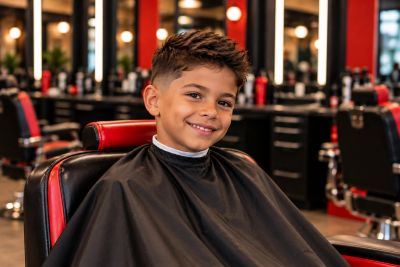 Smiling boy after getting a haircut at a barbershop.