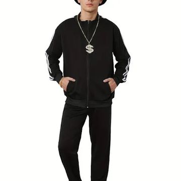 Person in black tracksuit with dollar sign necklace and bucket hat.