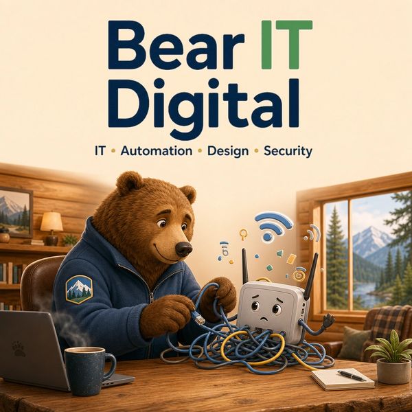 A bear fixes a tangled Wi-Fi router in a cozy cabin setting.