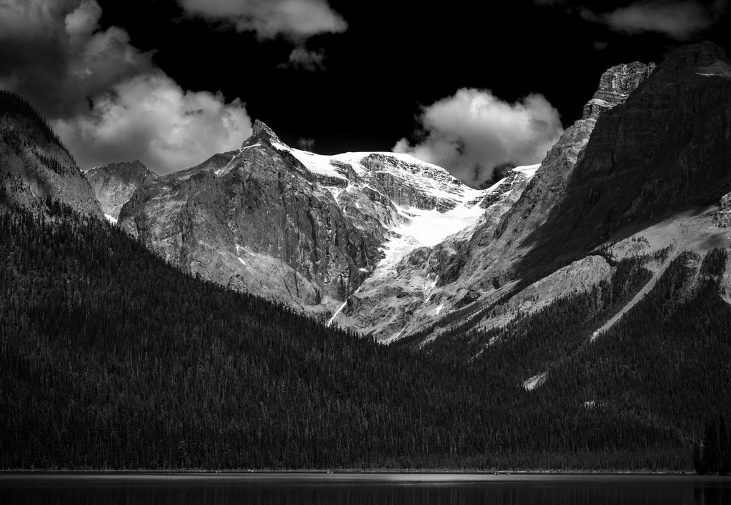 High contrast black and white photo of Canada's Rocky Mountains inside Yoho National Park.