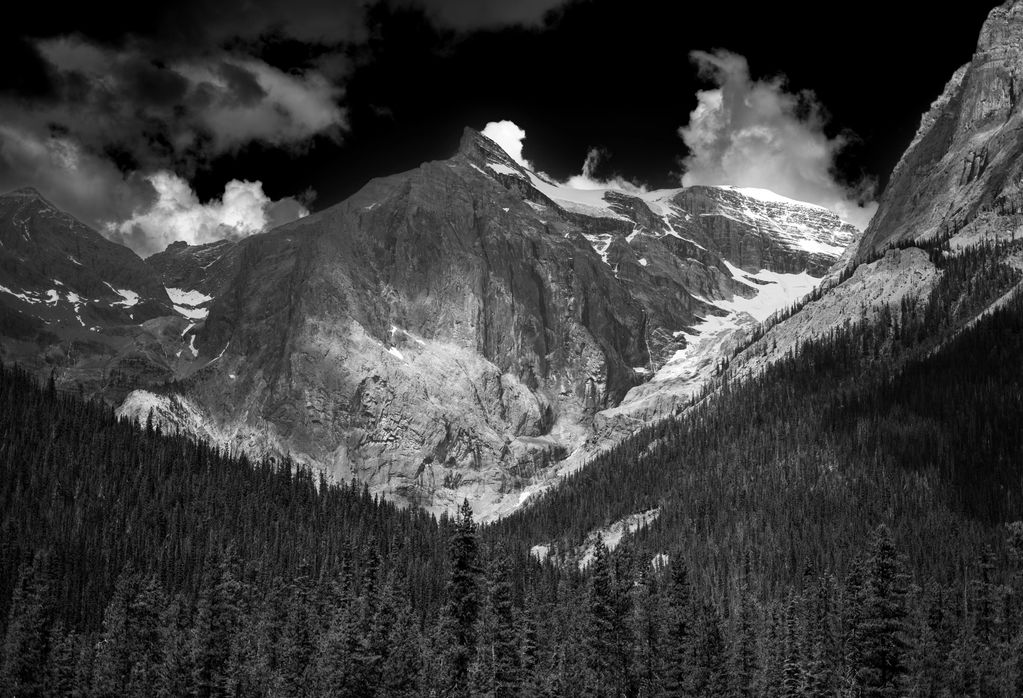 High contrast black and white photo of the mountain known as The President inside Yoho National Park