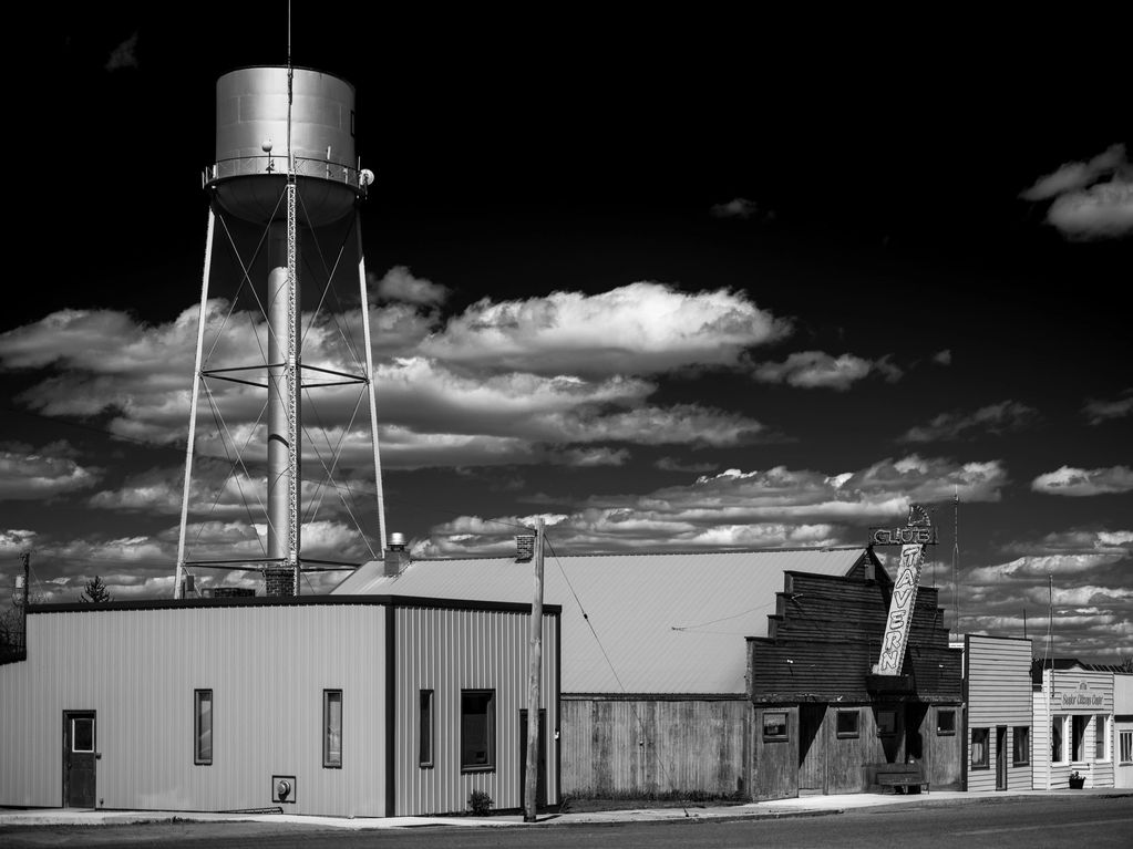 Black and white image of Dutton, Montana, USA. 