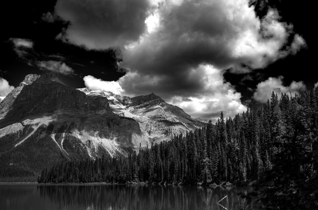 High contrast black and white picture taken inside Yoho National Park in Canada. 