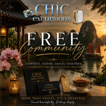 Elegant Chic Excursions ad promoting a free traveler community.