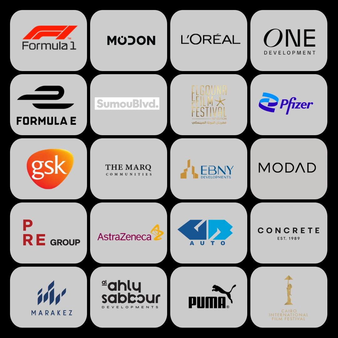 Grid of various brand logos on gray backgrounds.