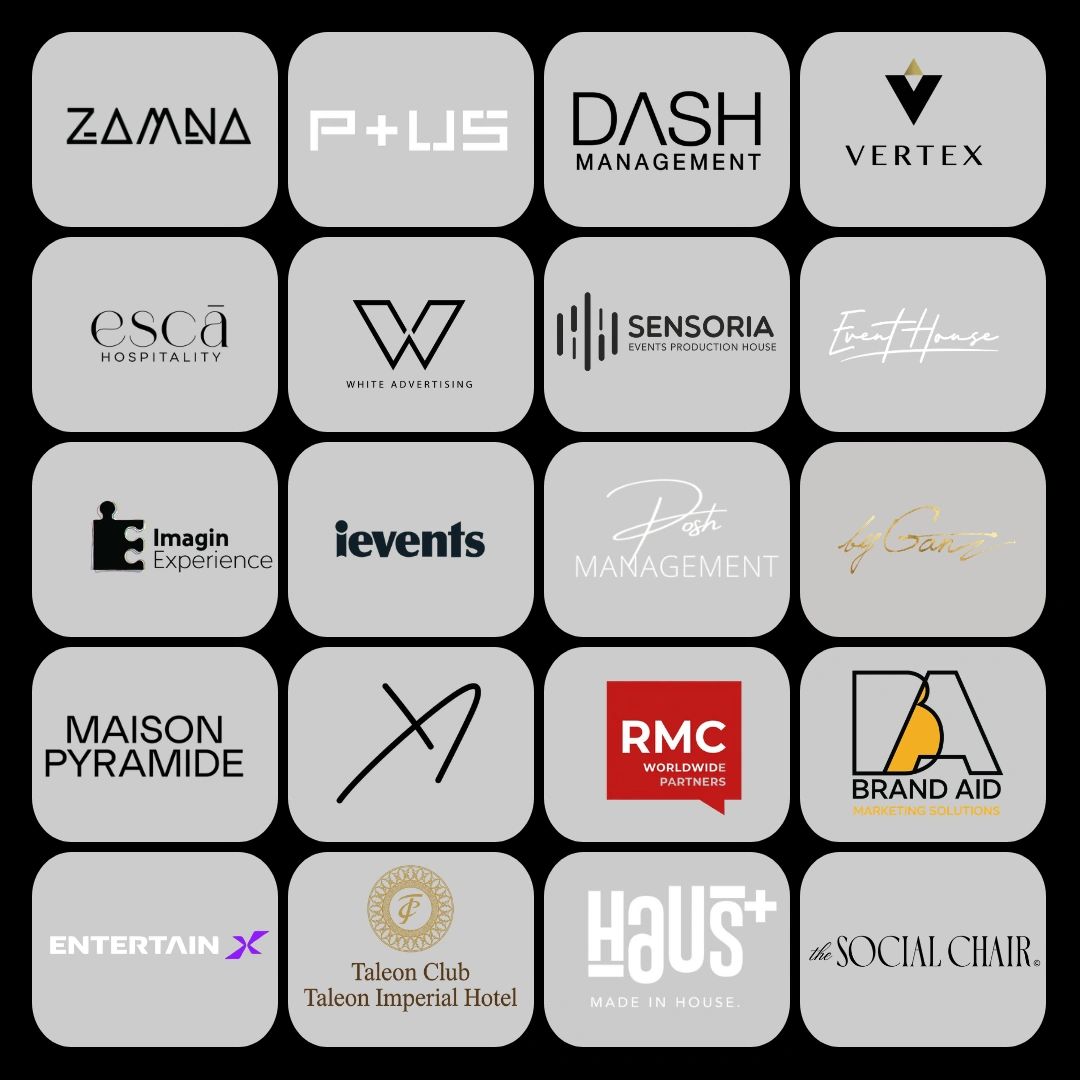 Grid of 20 different company logos on gray rounded squares.