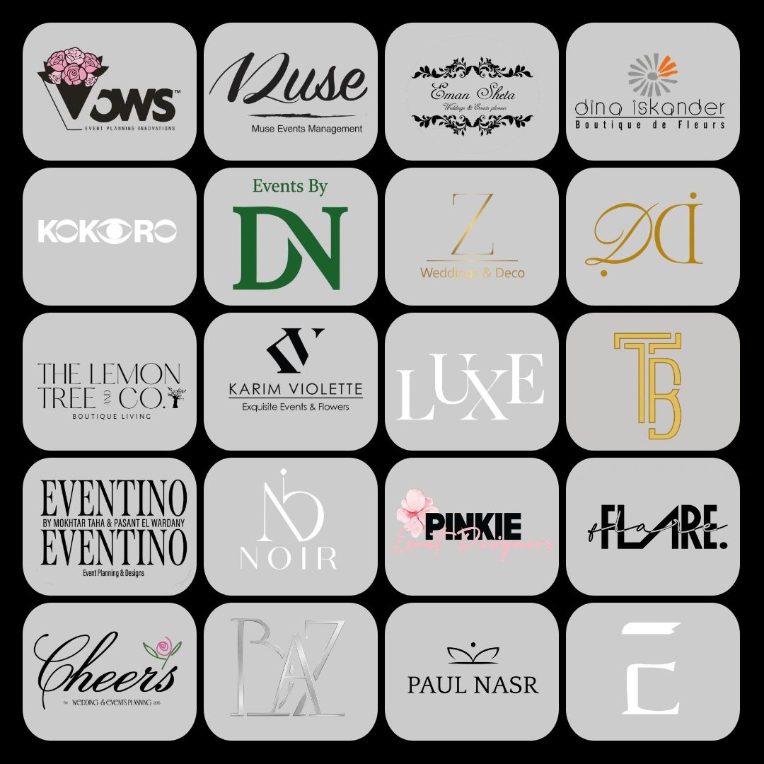 Collection of 20 event planning and floral business logos on gray squares.