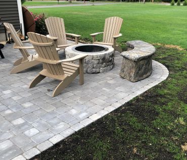 Finished Patio.  The Fire Side Bench compliments both the radius of the fire pit and the radius of t