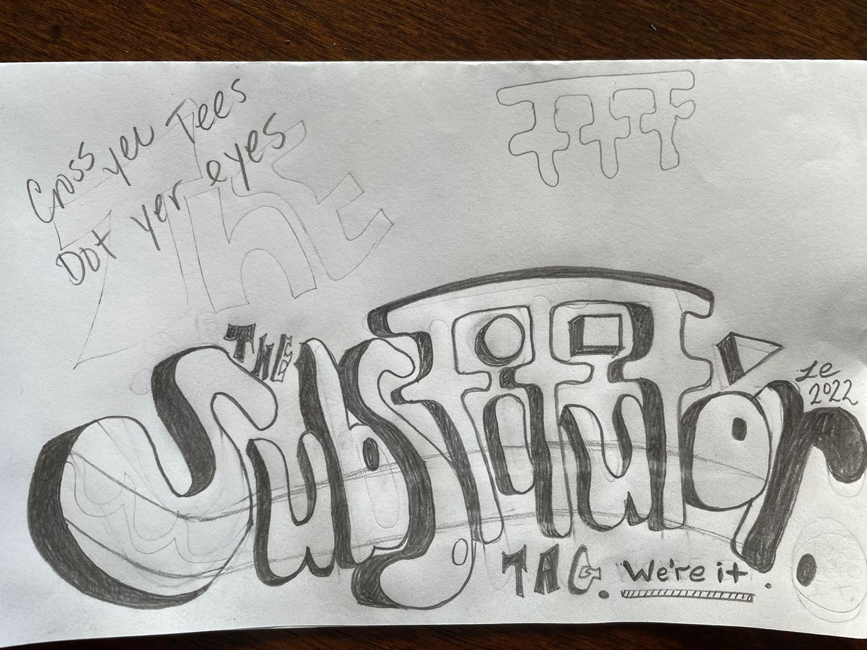 Pencil sketch with stylized text and abstract shapes.
