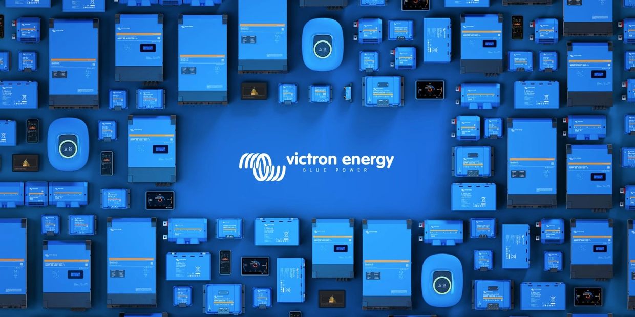Various blue Victron Energy power devices arranged around the logo.