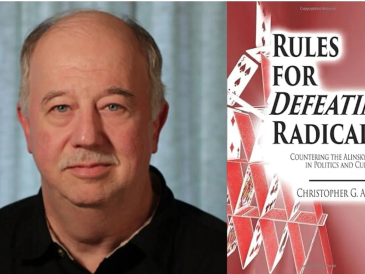 Portrait of a man next to a book cover about defeating radicalism.