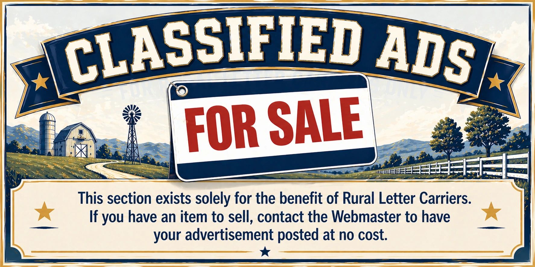 Vintage-style classified ads sign for rural letter carriers with a farm backdrop.