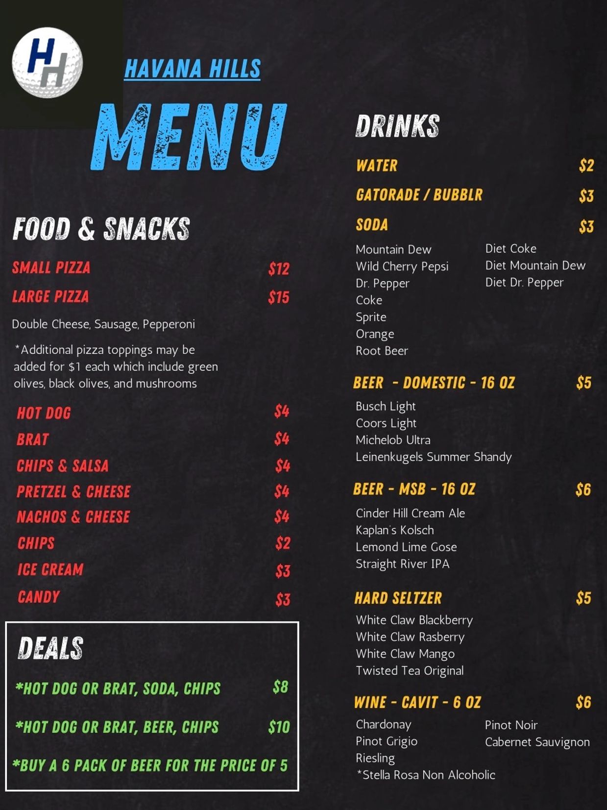 Havana Hills menu featuring pizzas, snacks, drinks, beers, and deals.