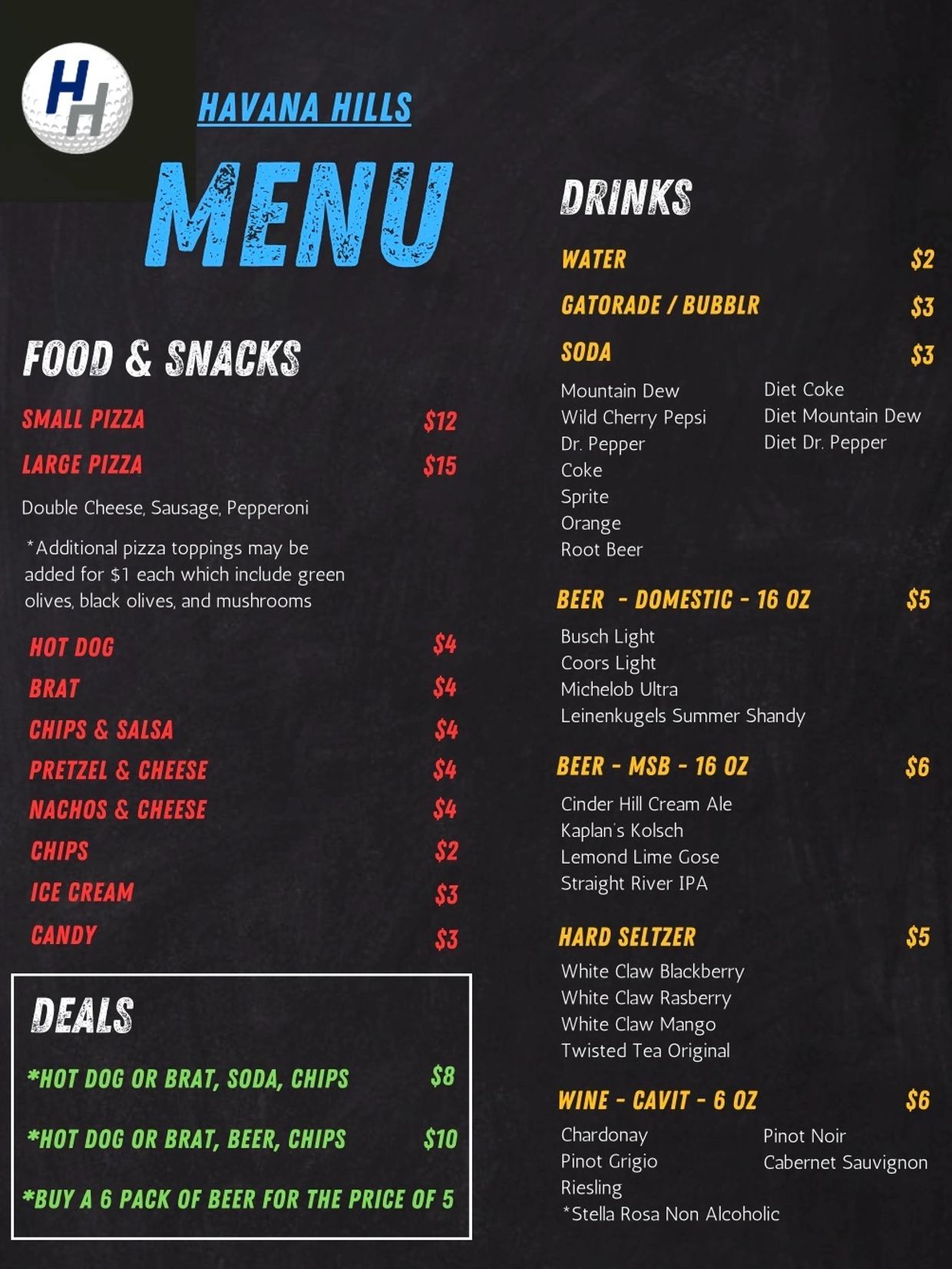 Havana Hills menu featuring pizzas, snacks, drinks, beers, and deals.