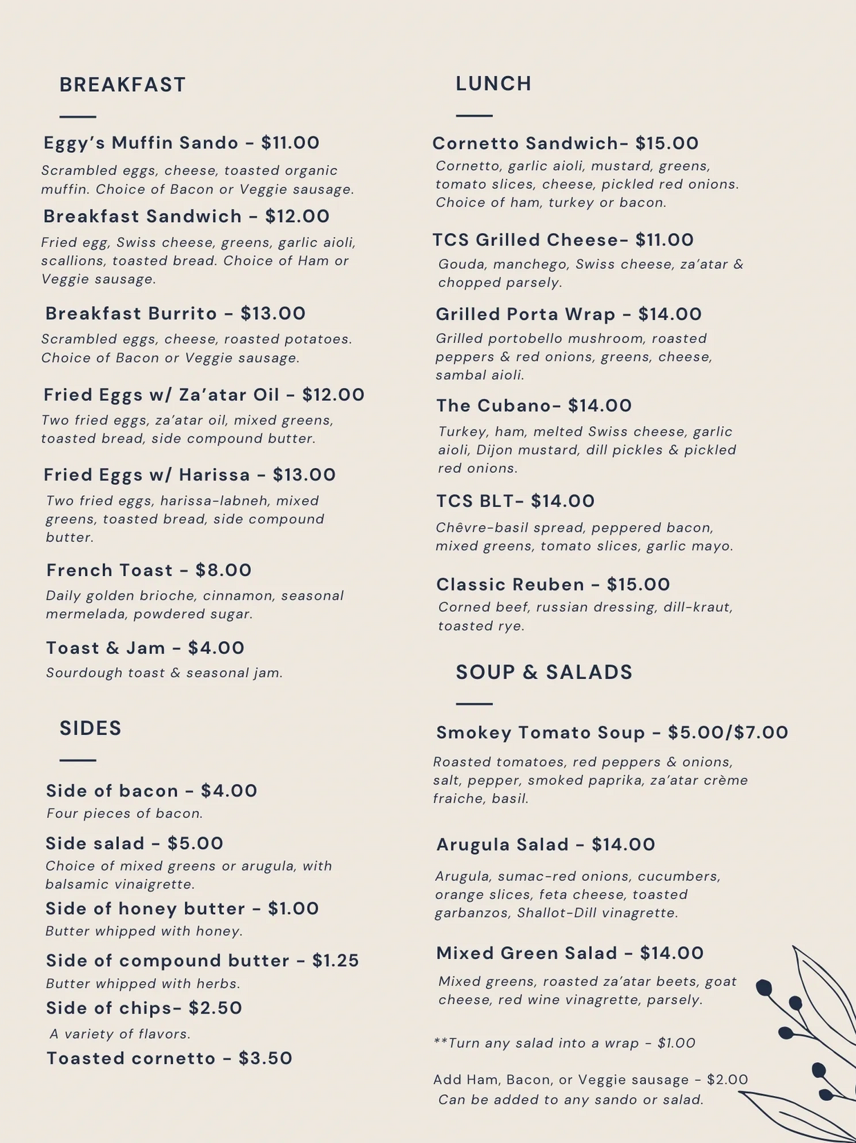 Menu featuring breakfast, lunch, sides, soups, and salads with detailed descriptions and prices.
