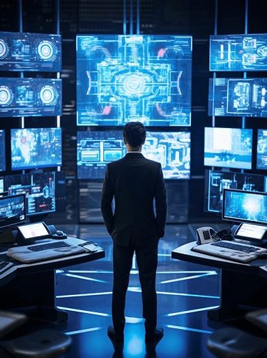 Man in suit monitoring multiple futuristic digital screens in a high-tech control room.