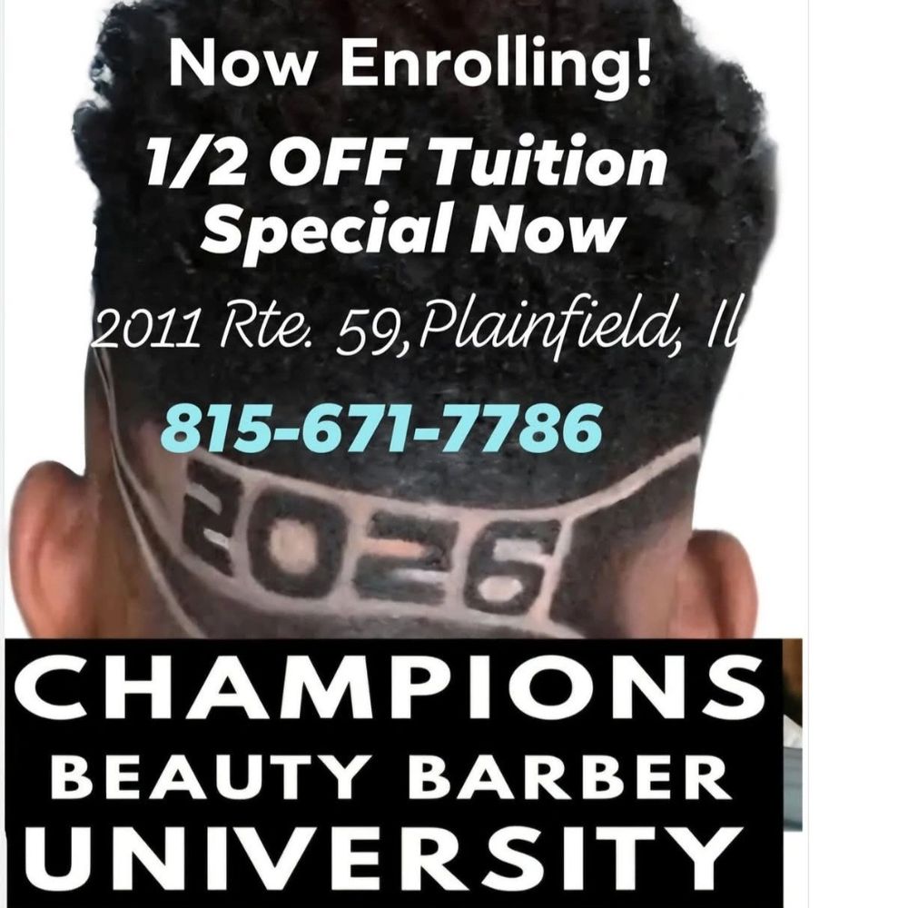 Barber school enrollment ad with a stylish haircut and half-off tuition offer.