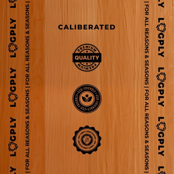 Wooden surface with quality and eco-friendly certification logos.