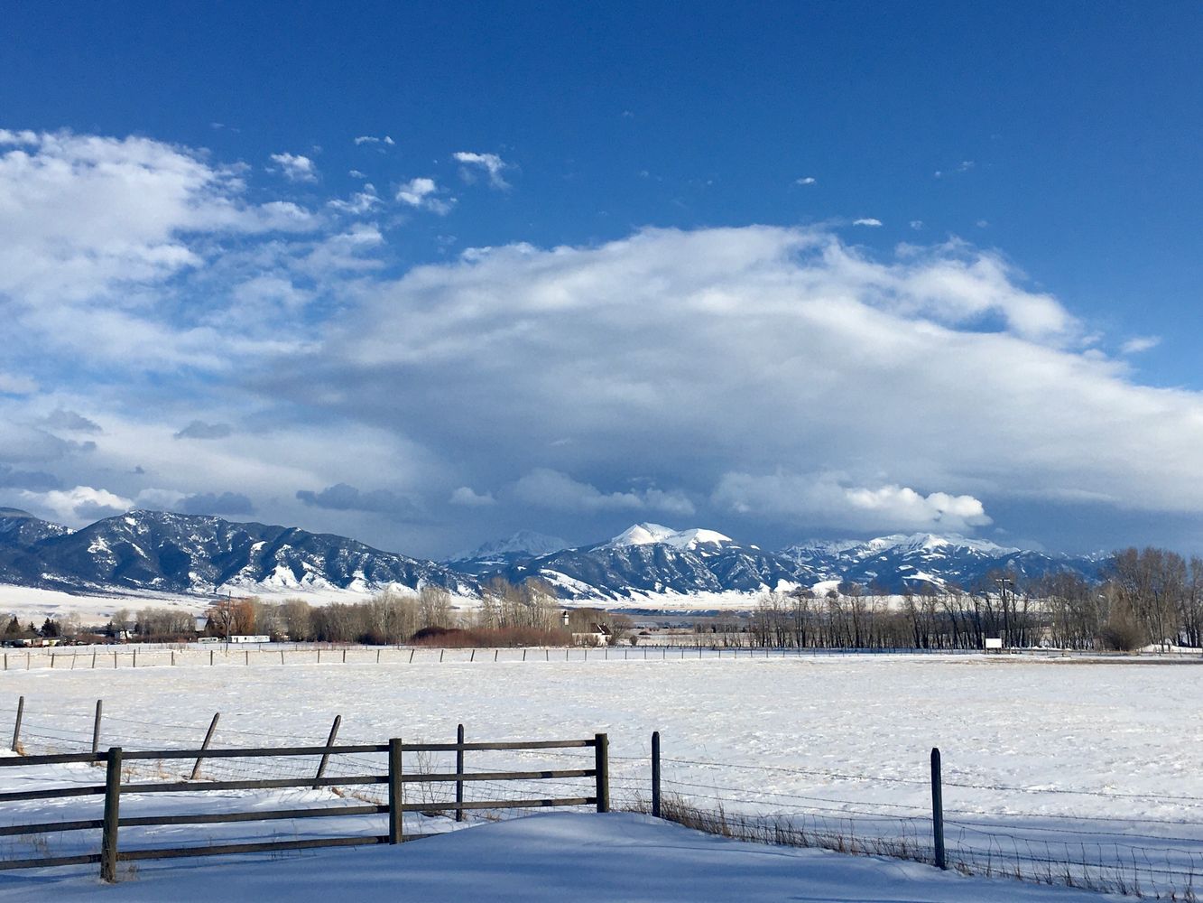 Snow-covered pasture in the Madison Valley of Montana with the Madison Range in the background. 