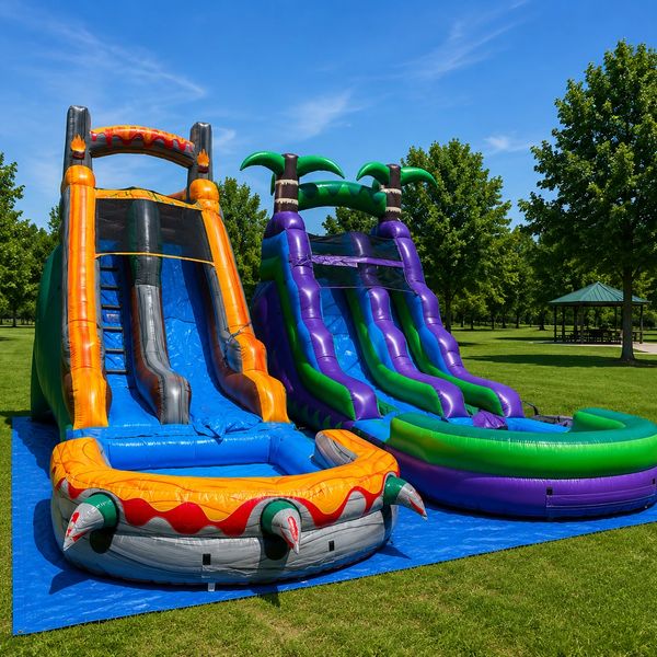 Two colorful inflatable water slides set up on a blue tarp in a green park.