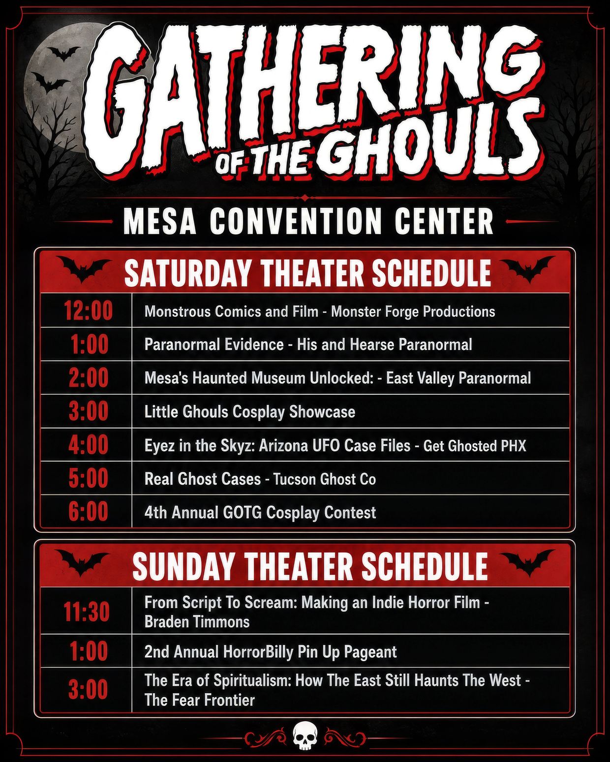 Panel lineup for the 4th Annual Gathering of the Ghouls halloween convention Aug 22-23, 2026 Mesa AZ