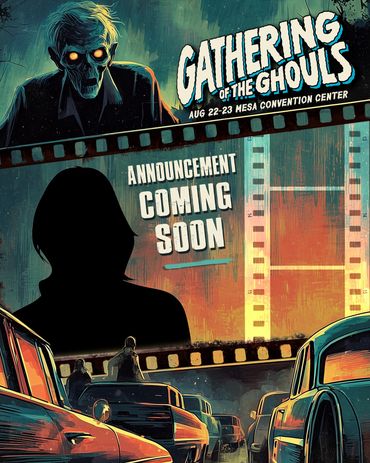Poster for Gathering of the Ghouls event with a mysterious silhouette and a zombie figure.