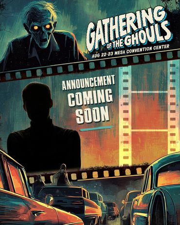 Horror-themed event poster with eerie ghoul and announcement for Gathering of the Ghouls.