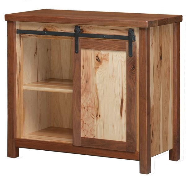 Wooden cabinet with sliding barn-style door and shelves.