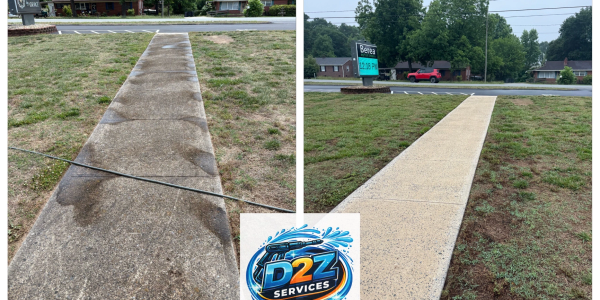 Side-by-side comparison of a concrete walkway before and after cleaning.