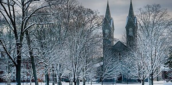 Bowdoin College chapel after a snowfall.