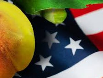 Close-up of a peach with the American flag in the background.