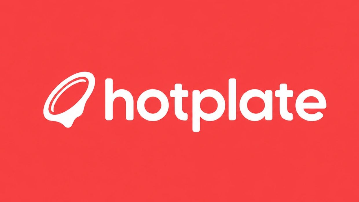 Logo of Hotplate on a red background.