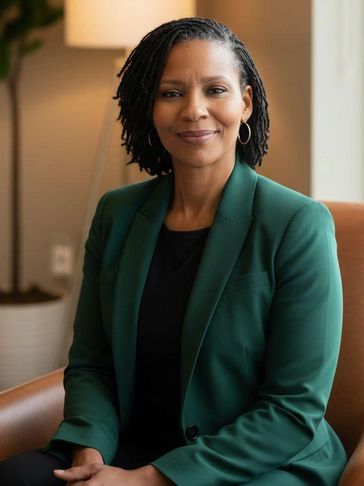 Confident woman seated, wearing a green blazer and black top.