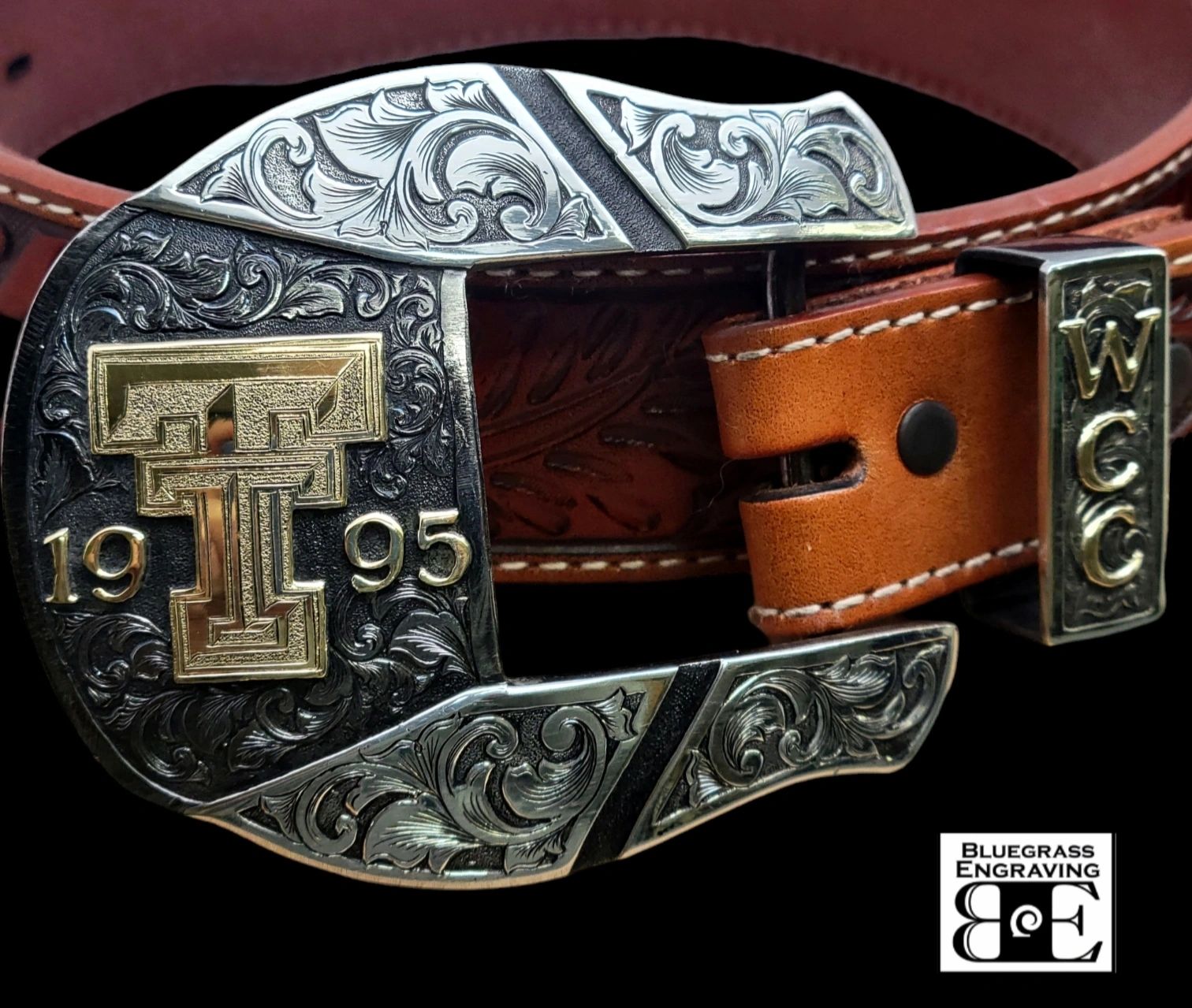 The Maverick custom made two-piece ranger buckle set with Texas Tech logo, by Bluegrass Engraving. 