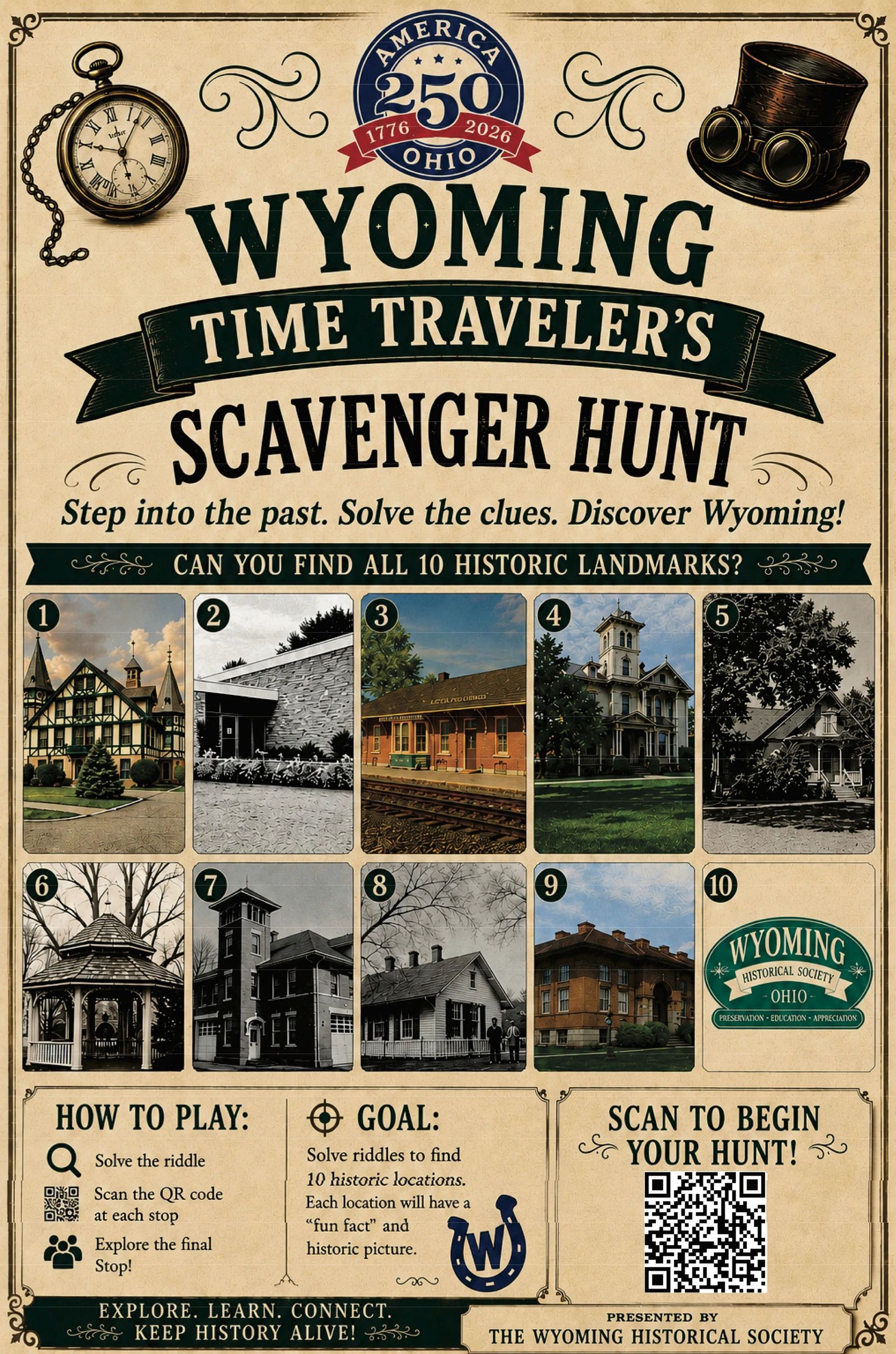 Wyoming Time Traveler's Scavenger Hunt poster with historic landmarks and a QR code.
