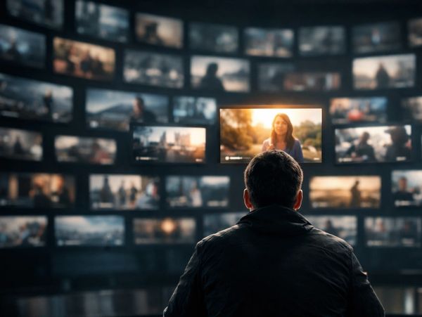 Man watches multiple video screens with one screen prominently showing a woman.