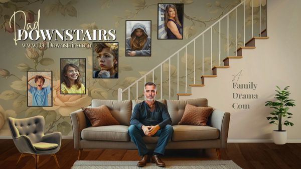 Man sitting on sofa in a living room with family photos on the wall.