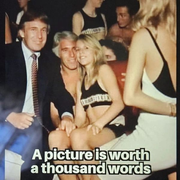 Donald Trump posing with Jeffrey Epstein and a group of young women.