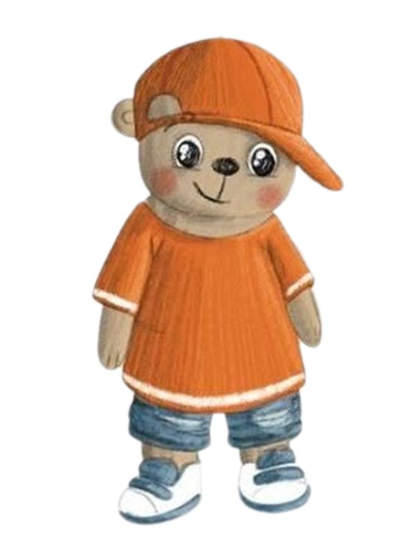 Cute bear in orange cap and clothes.