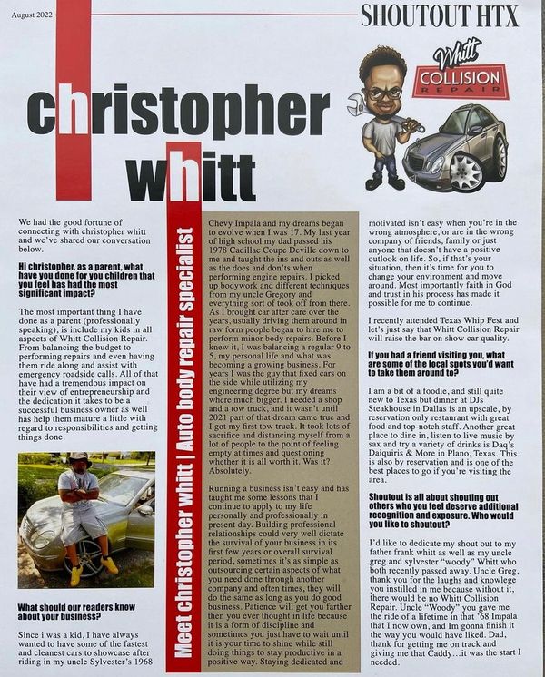 Magazine page featuring Christopher Whitt, a collision repair specialist.