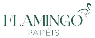 Logo with the text 'FLAMINGO PAPÉIS' and a minimalist flamingo illustration.