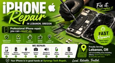 Advertisement for iPhone repair services in Lebanon, Oregon with fast and quality repairs.